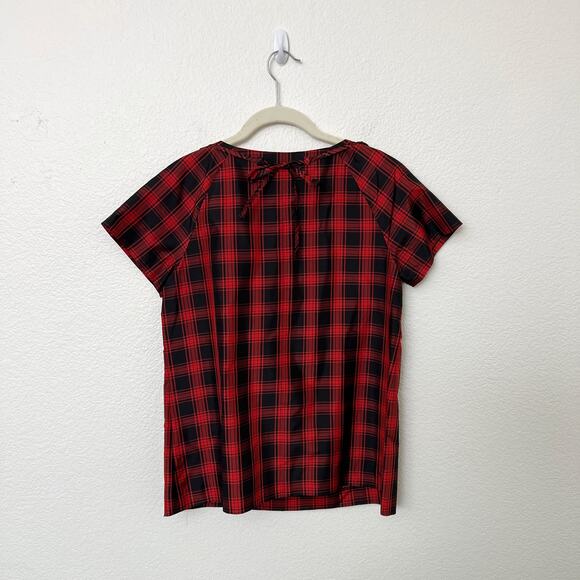[J. Crew] Red Black Buffalo Plaid Eliza Jeweled Necklace Tartan Top Silk Size 6 - Picture 3 of 11